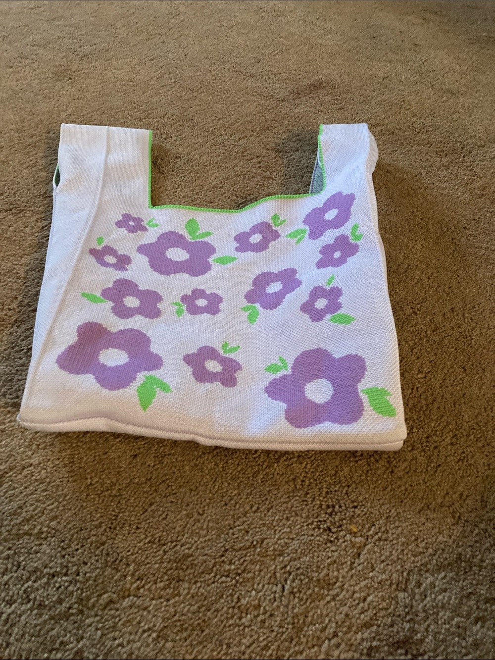 Floral Knit Tote Bag - White with Purple Flowers